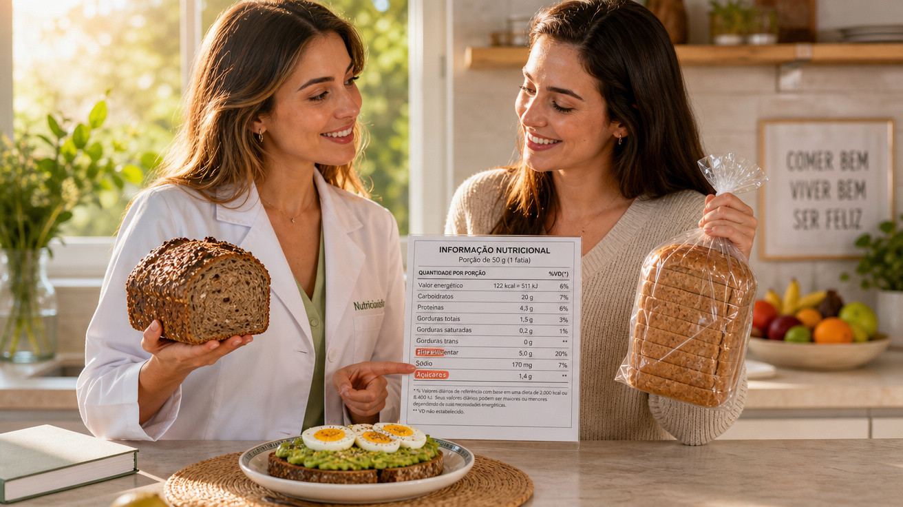 Duas mulheres numa cozinha, uma segura pão e tabela nutricional, a outra pão embalado, em ambiente iluminado.