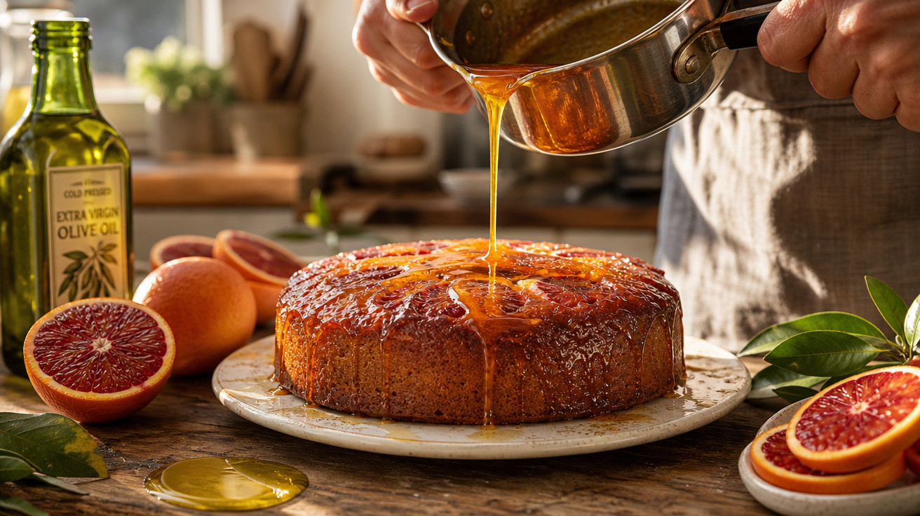 Bolo de laranja sanguínea com calda a ser derramada, rodeado de laranjas e uma garrafa de azeite extra virgem.