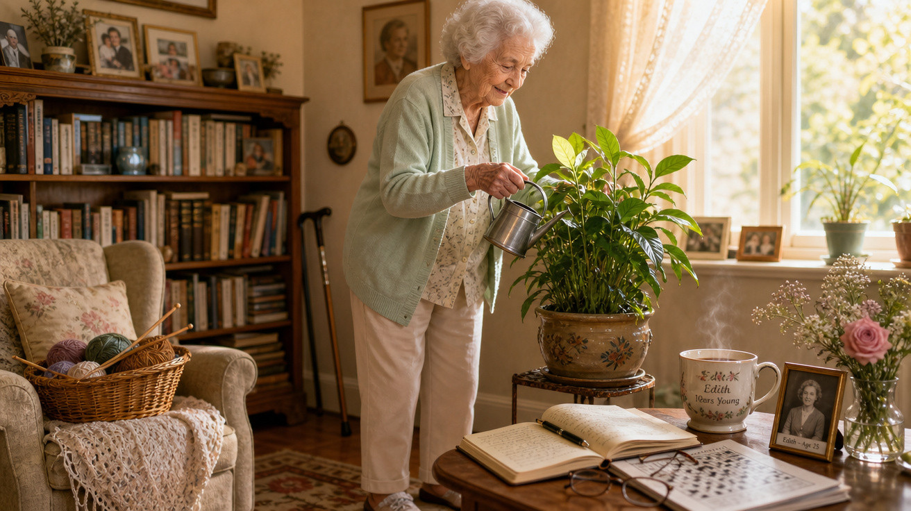 Idosa a regar planta num ambiente acolhedor com livros, fotografias e objetos pessoais à sua volta.