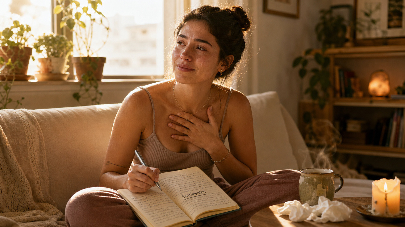 Mulher sentada no sofá a escrever num caderno, emocionada, com lágrimas e mão no peito, ambiente acolhedor.