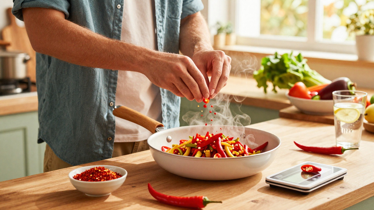 Pessoa a temperar comida com pimenta vermelha numa frigideira branca numa cozinha iluminada.