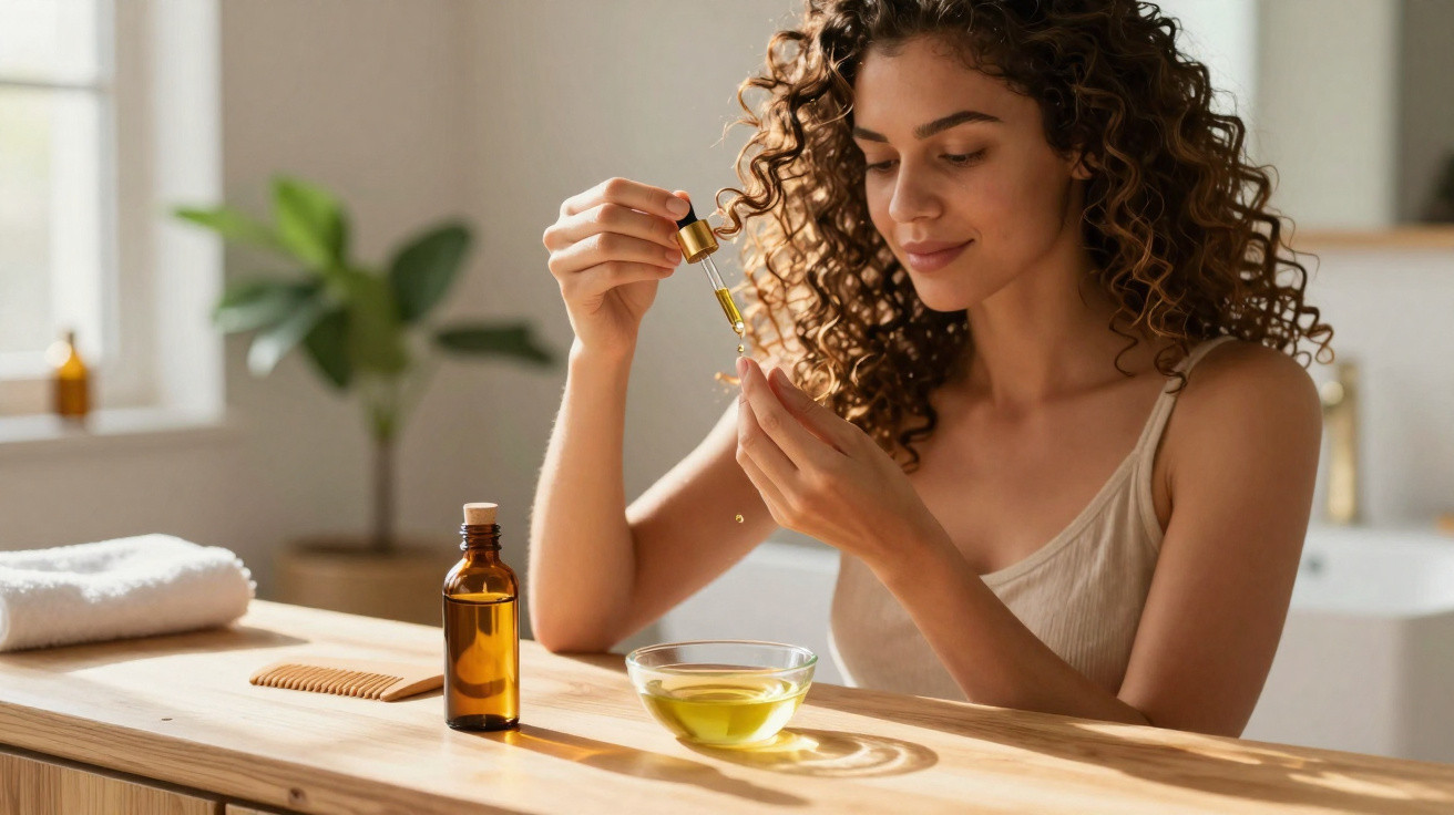 Mulher com cabelo encaracolado aplicando óleo natural no cabelo em ambiente iluminado e relaxante.