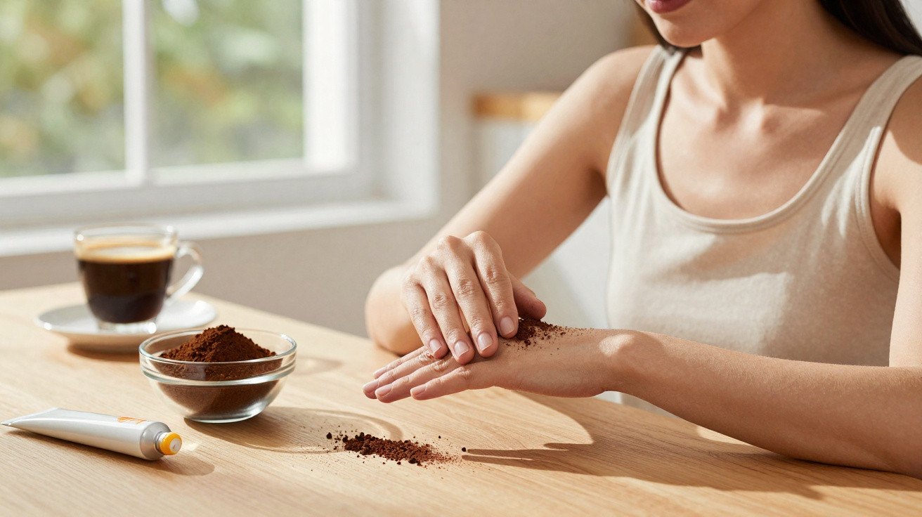 Pessoa a aplicar esfoliante de café caseiro nas mãos, com café e tubo de creme na mesa.