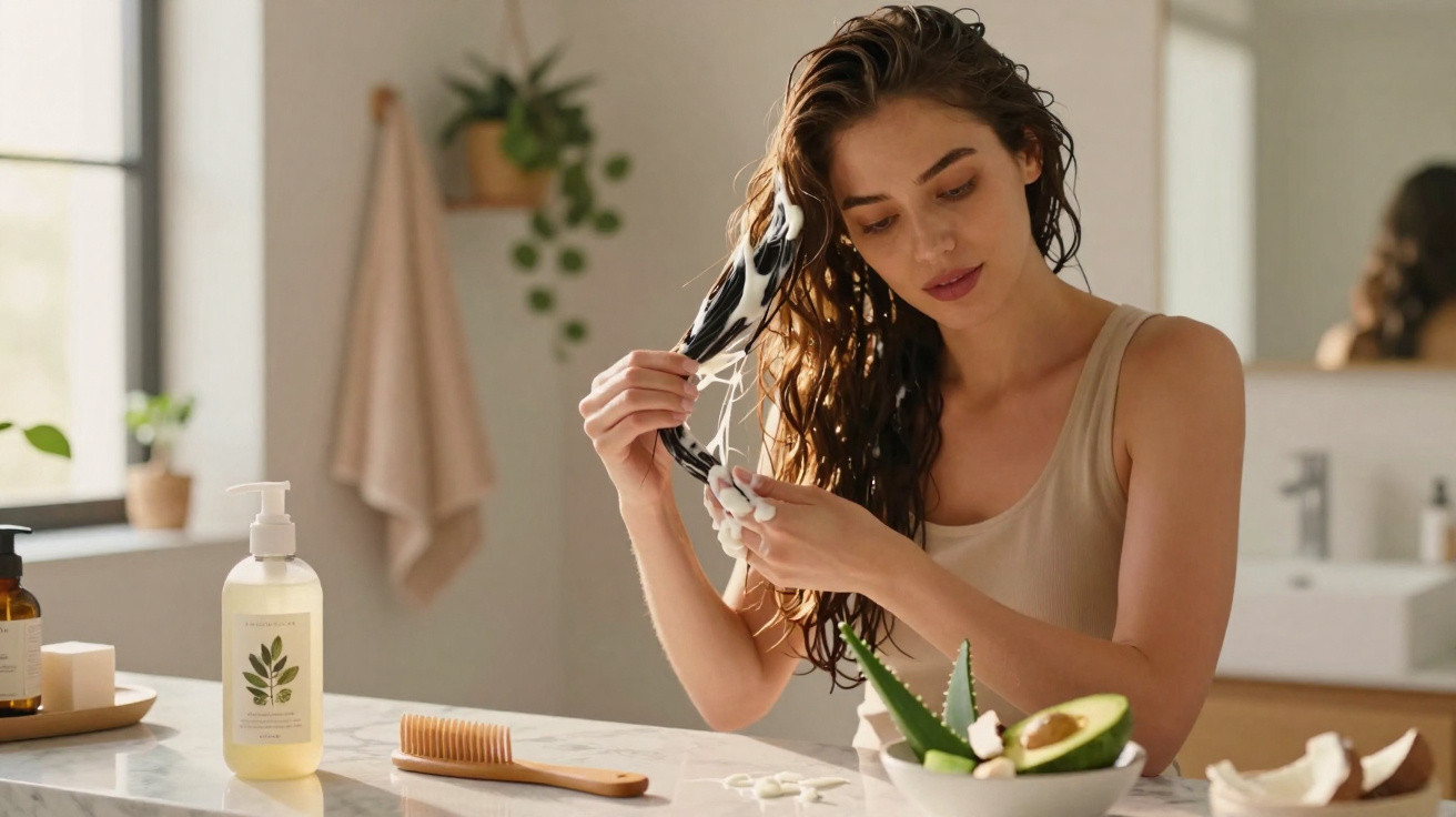Mulher a aplicar máscara capilar, com cabelo molhado, num ambiente de casa de banho iluminado.