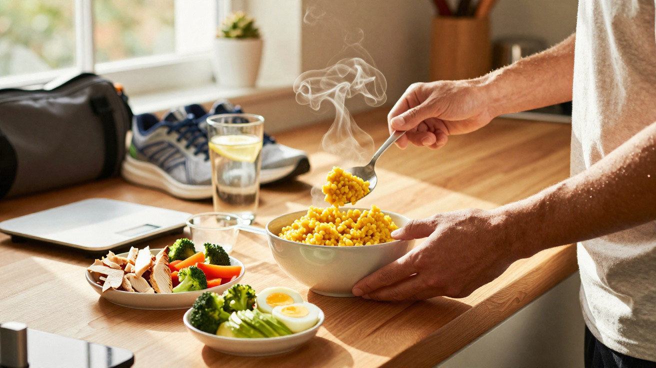 Pessoa a servir comida quente numa tigela, com pratos de legumes, ovo e frango numa mesa.