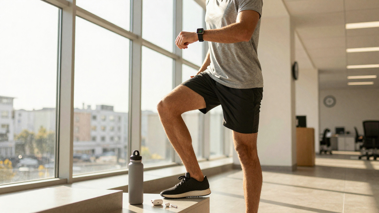 Homem a fazer exercício com stepper junto a janela em ambiente interior iluminado.