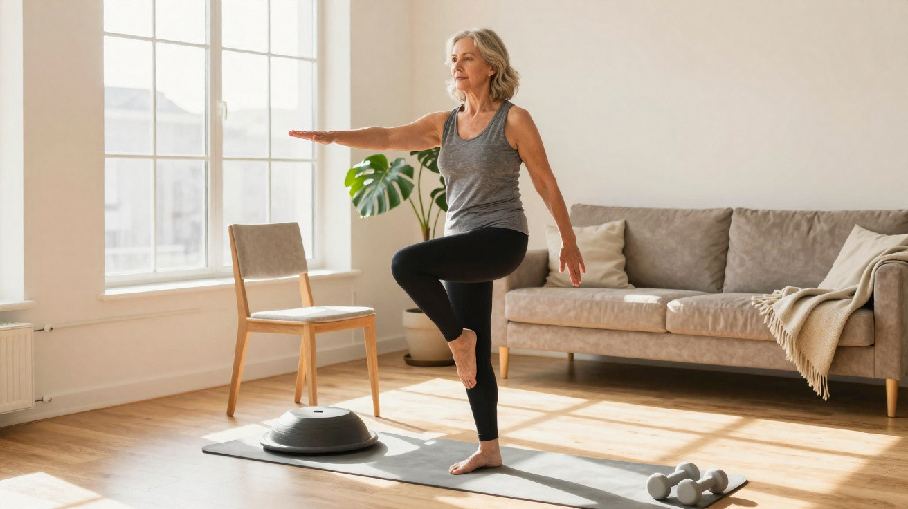 Mulher sénior a praticar yoga em casa numa sala iluminada, com tapete, cadeira e halteres ao lado.