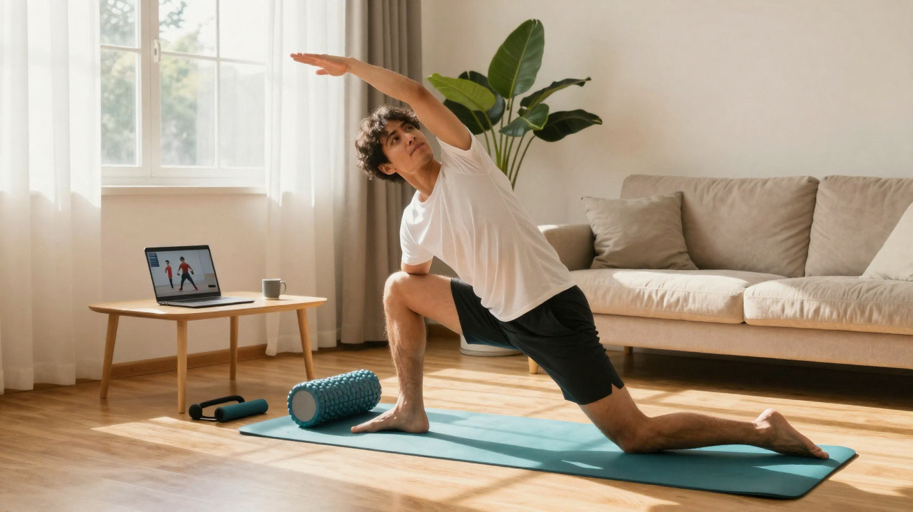 Homem a fazer exercício de alongamento numa sala com tapete, computador e sofá ao fundo.
