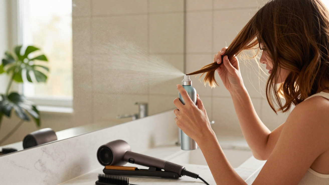 Mulher aplica spray capilar enquanto segura uma mecha do cabelo num banheiro com espelho.