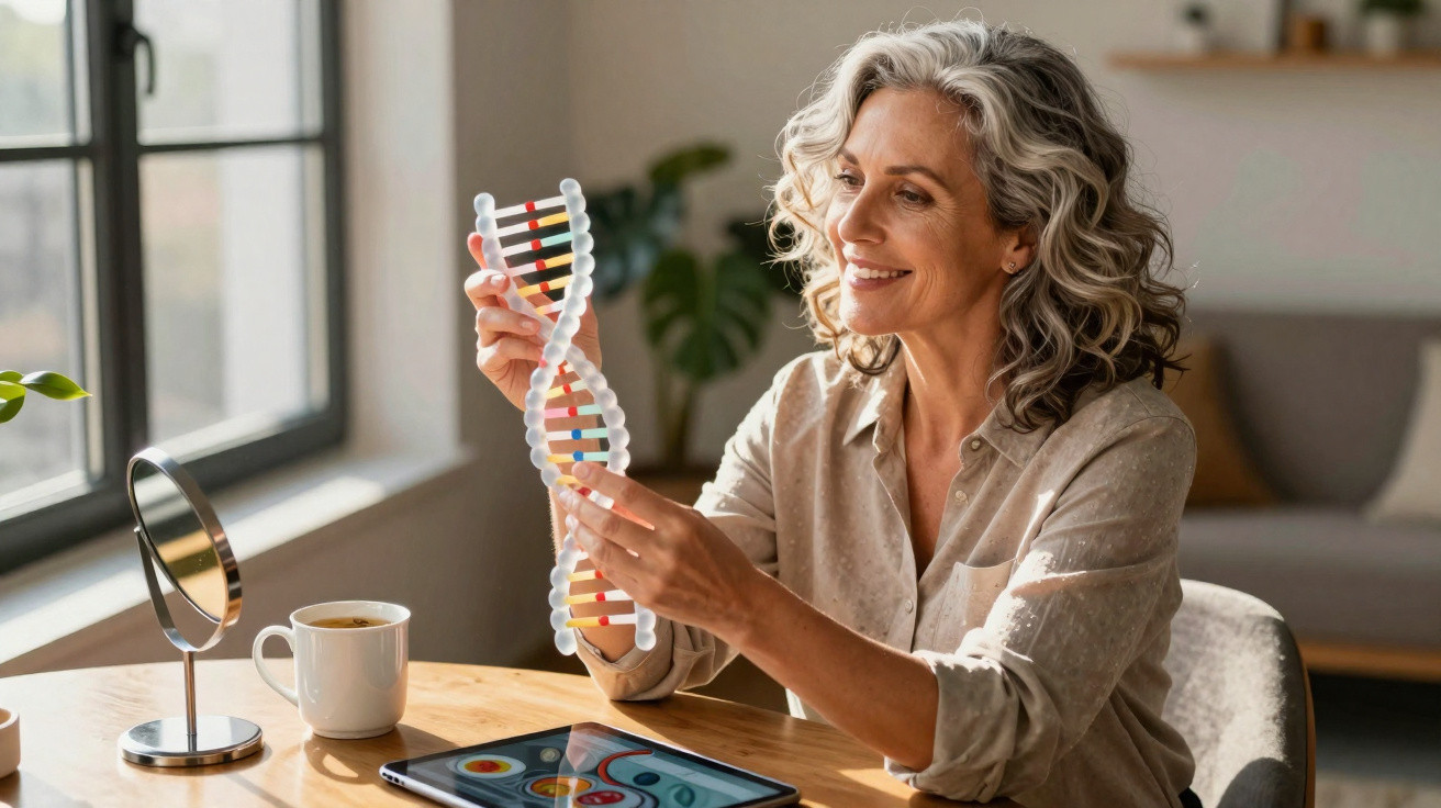 Mulher sorridente com cabelo grisalho segura modelo de ADN sentada à mesa com chávena e tablet.