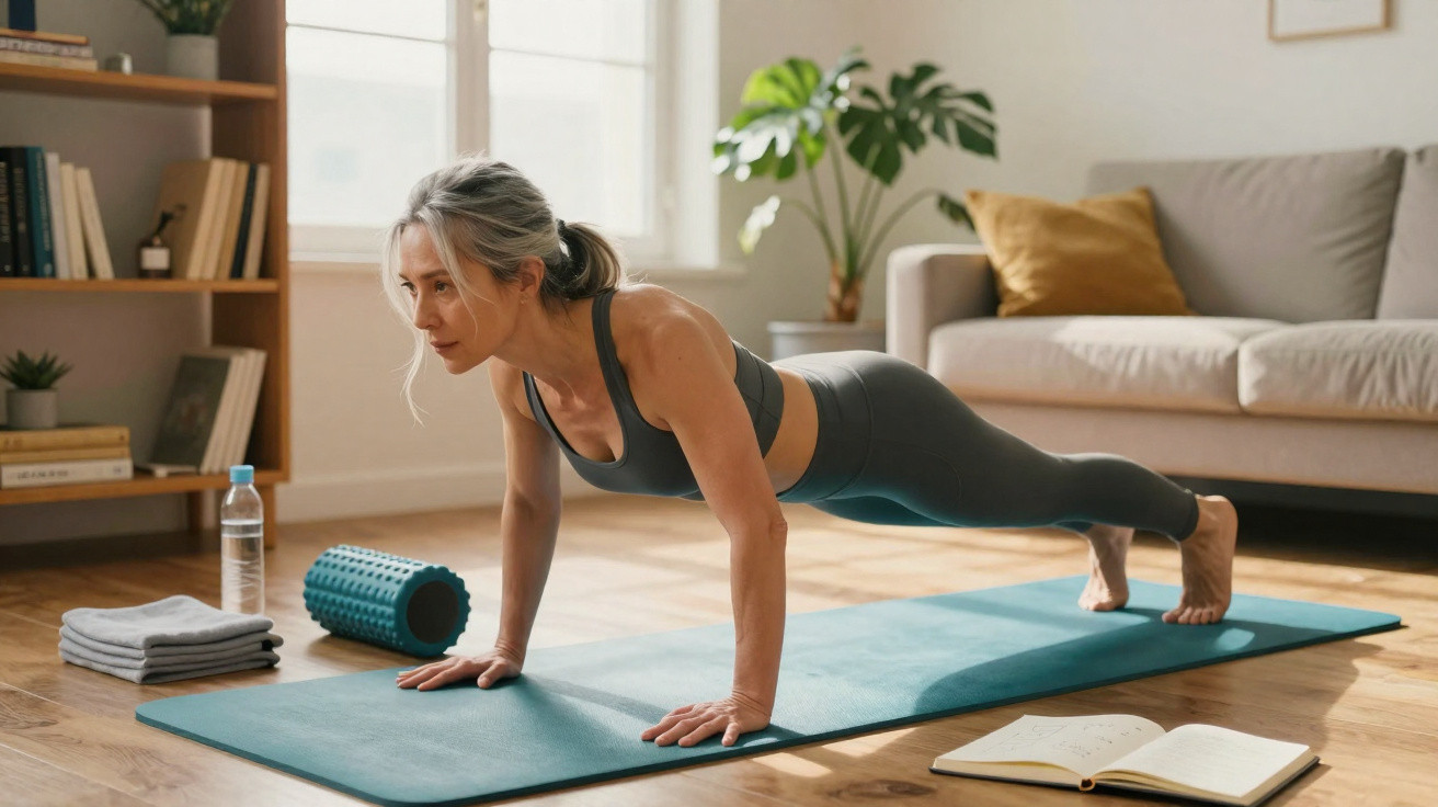 Mulher a fazer flexões num tapete de yoga numa sala iluminada com planta e sofá ao fundo.