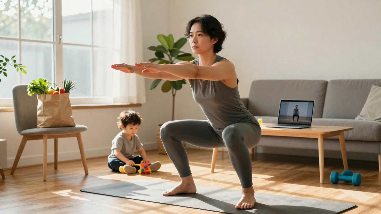 Mulher a fazer exercício de agachamento em casa enquanto criança brinca no chão, com laptop de treino aberto.
