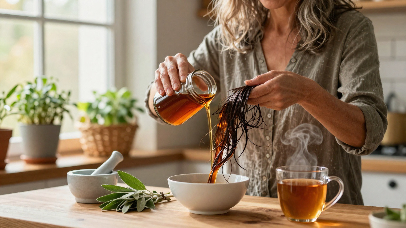 Mulher a preparar infusão com plantas medicinais numa cozinha iluminada pela luz natural.