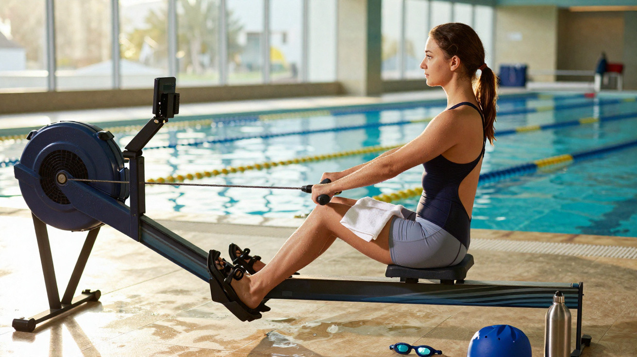 Mulher exercita remador junto à piscina interior, com toalha no colo e equipamento de natação ao lado.