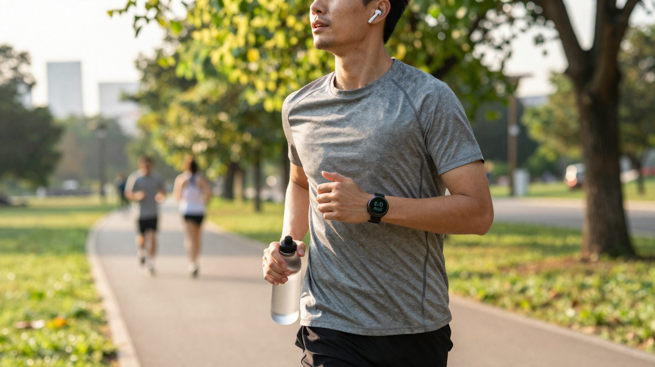 Homem a correr num parque com garrafa de água, auriculares e relógio inteligente no pulso.