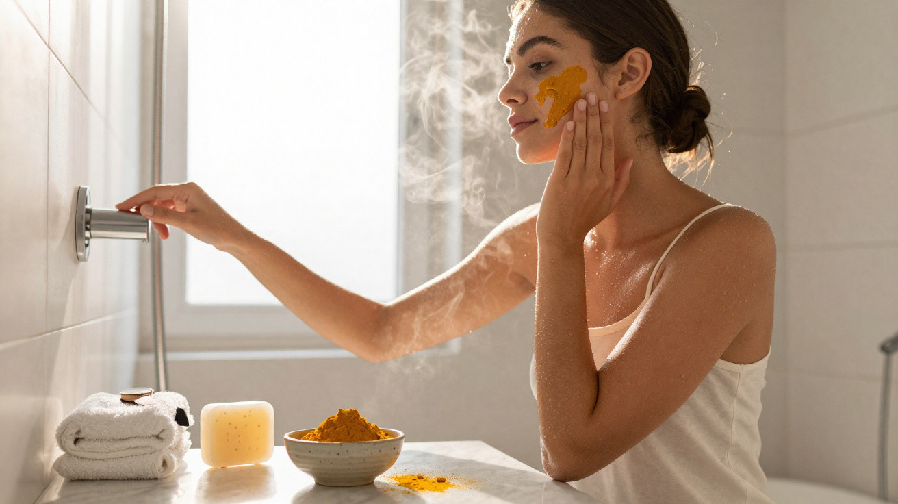 Mulher a aplicar máscara facial amarela no rosto numa casa de banho iluminada e a ligar o chuveiro.