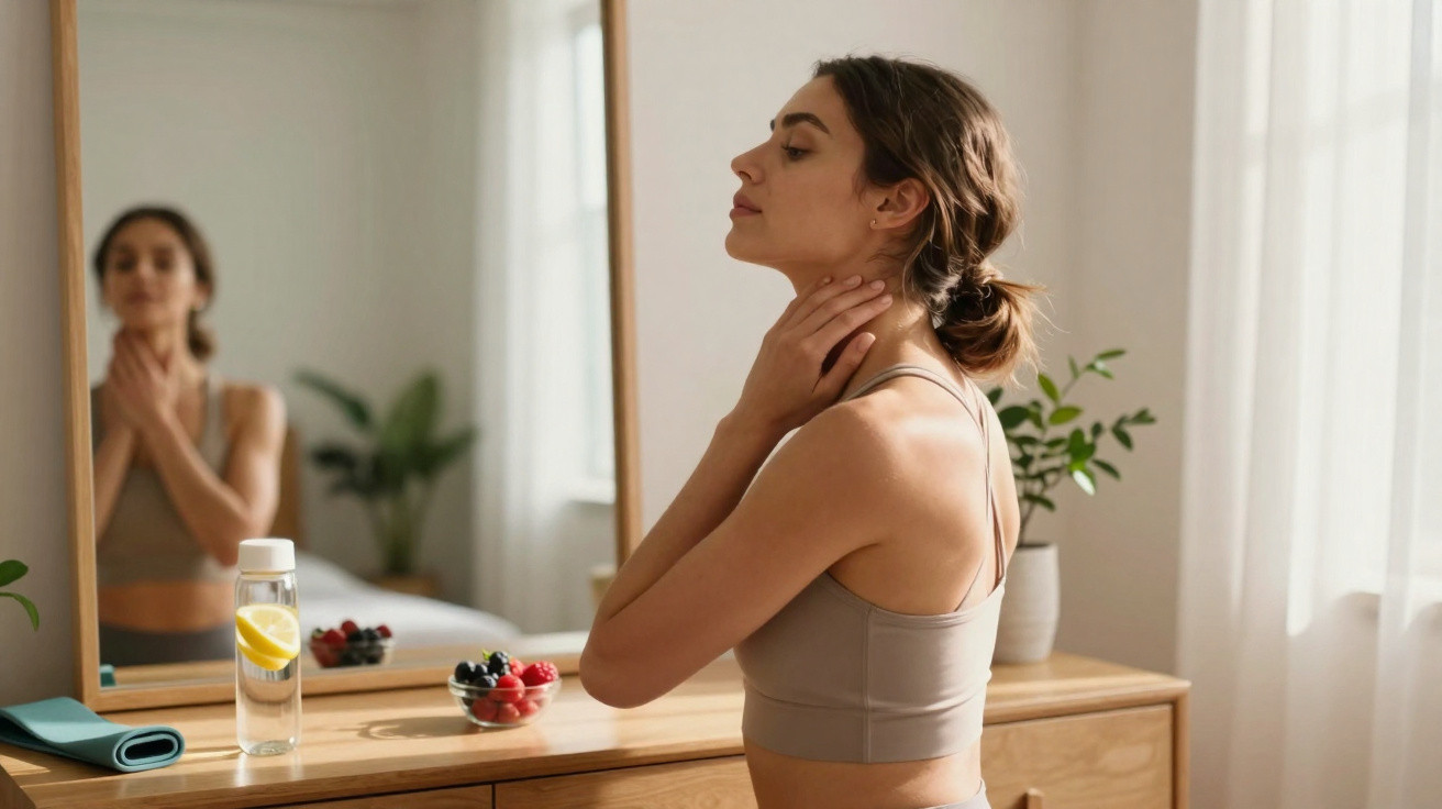 Mulher em roupa desportiva a massajar o pescoço em frente a um espelho com frutas e garrafa de água na mesa.