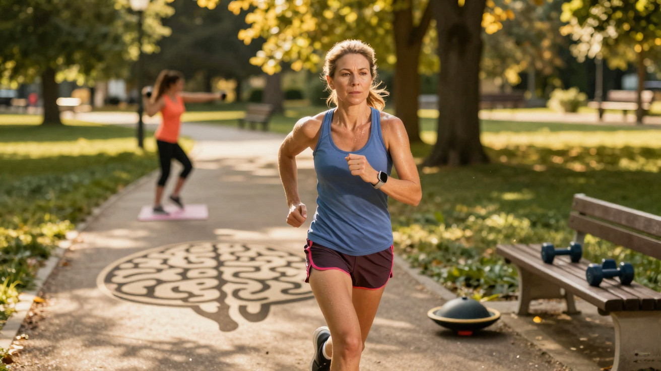 Mulher a correr em parque com desenho de cérebro no chão e outra pessoa a exercitar ao fundo.