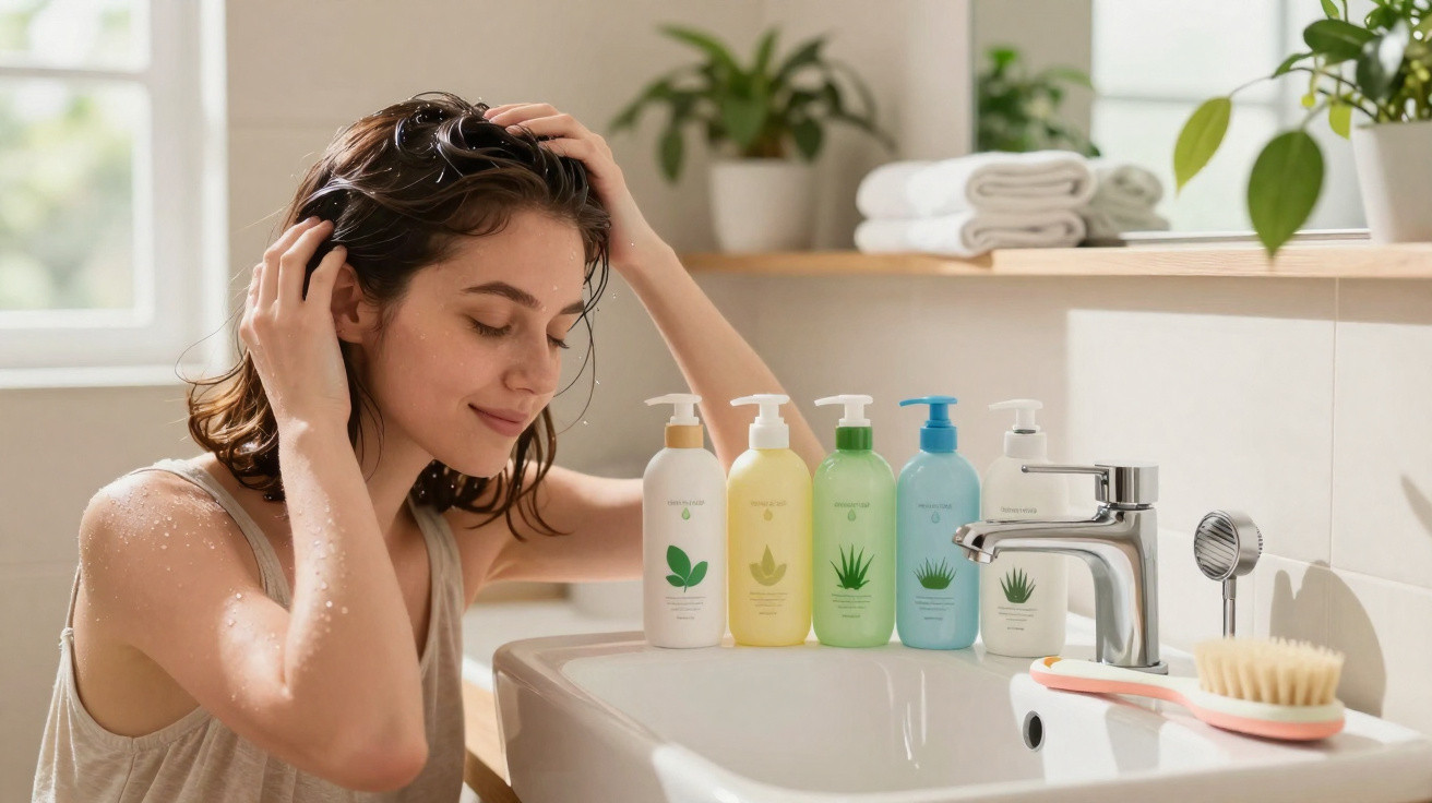 Mulher com cabelo molhado aproveita rotina de cuidados numa casa de banho clara com várias embalagens de produtos.