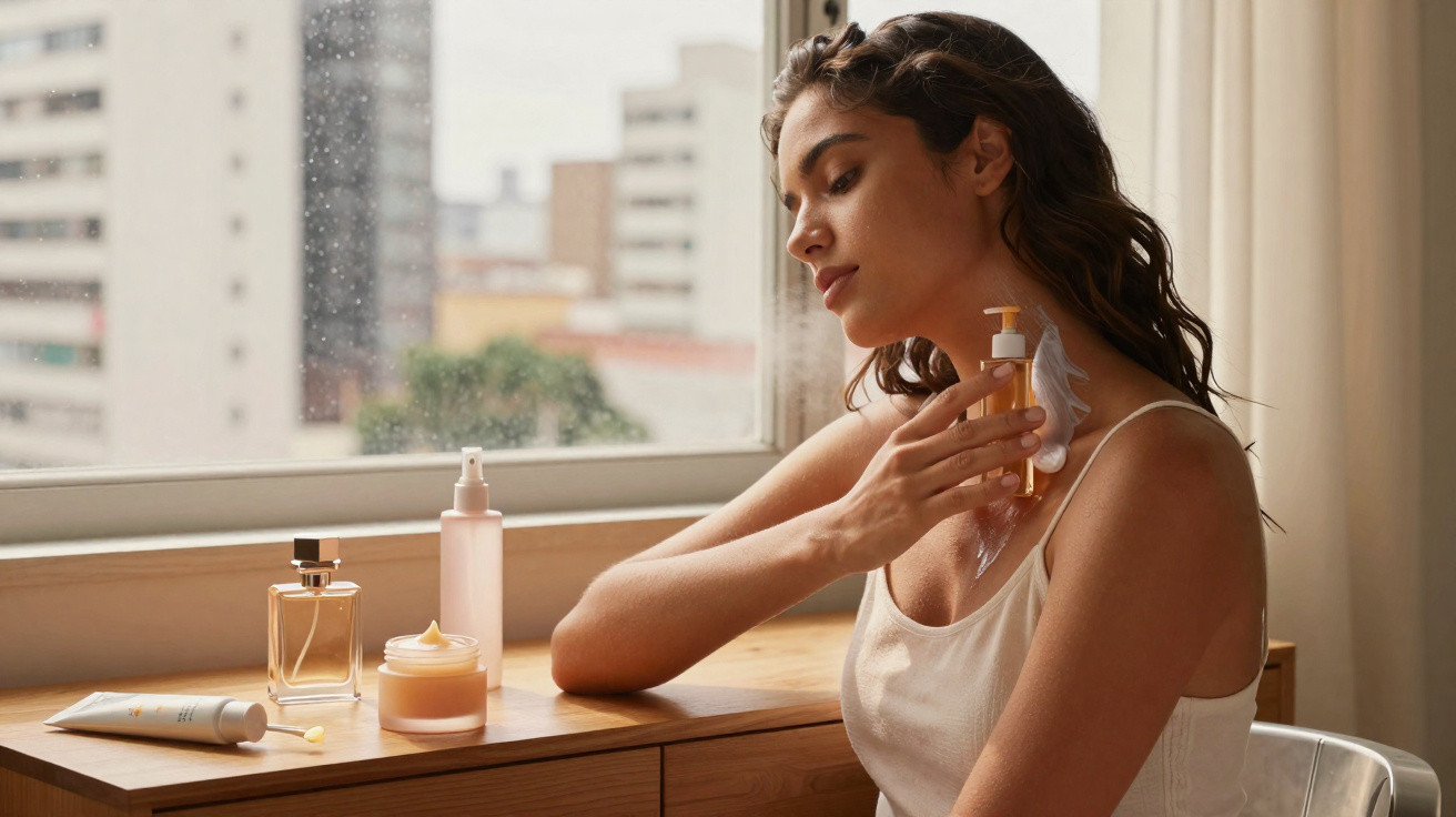 Mulher aplica óleo de corpo no pescoço sentada junto a uma mesa com produtos de beleza e janela ao fundo.