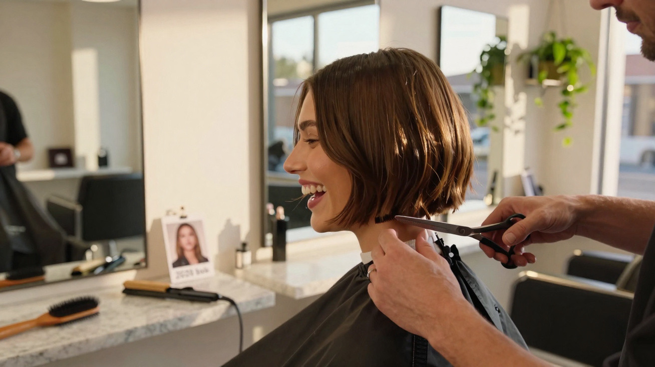 Mulher sorridente a cortar cabelo curto num cabeleireiro moderno com luz natural e espelhos.