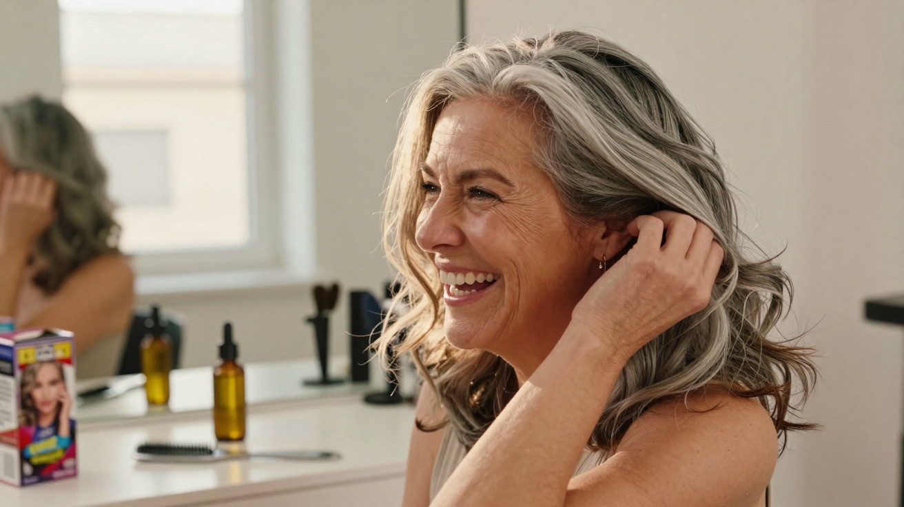 Mulher sorridente de cabelos grisalhos toca o cabelo, sentada em frente a um espelho com produtos de beleza.