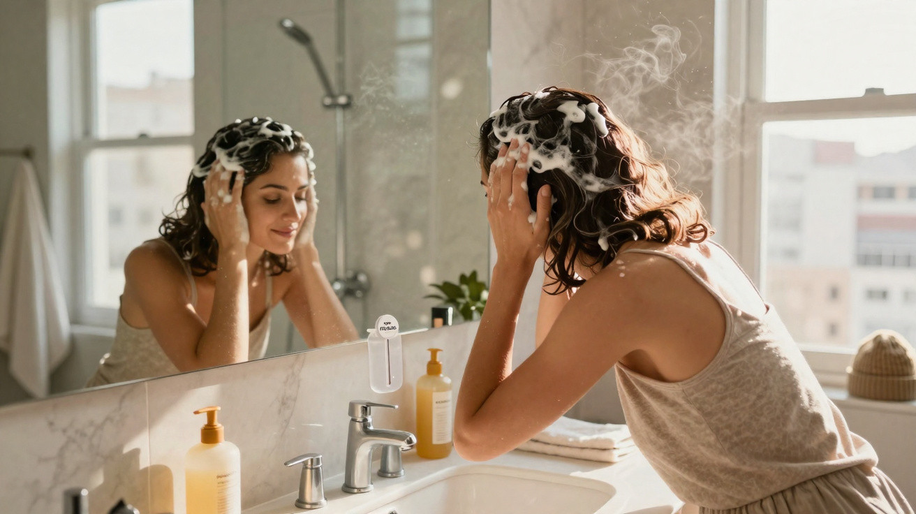 Mulher a lavar o cabelo com champô na casa de banho, com luz natural a entrar pela janela.