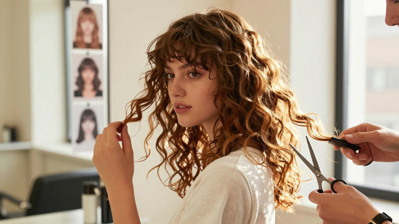 Mulher com cabelo encaracolado castanho a ser cortado num salão de cabeleireiro, olhando para a câmara.