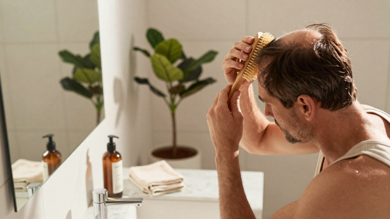 Homem a pentear o cabelo ralo com escova numa casa de banho moderna com espelho e planta.