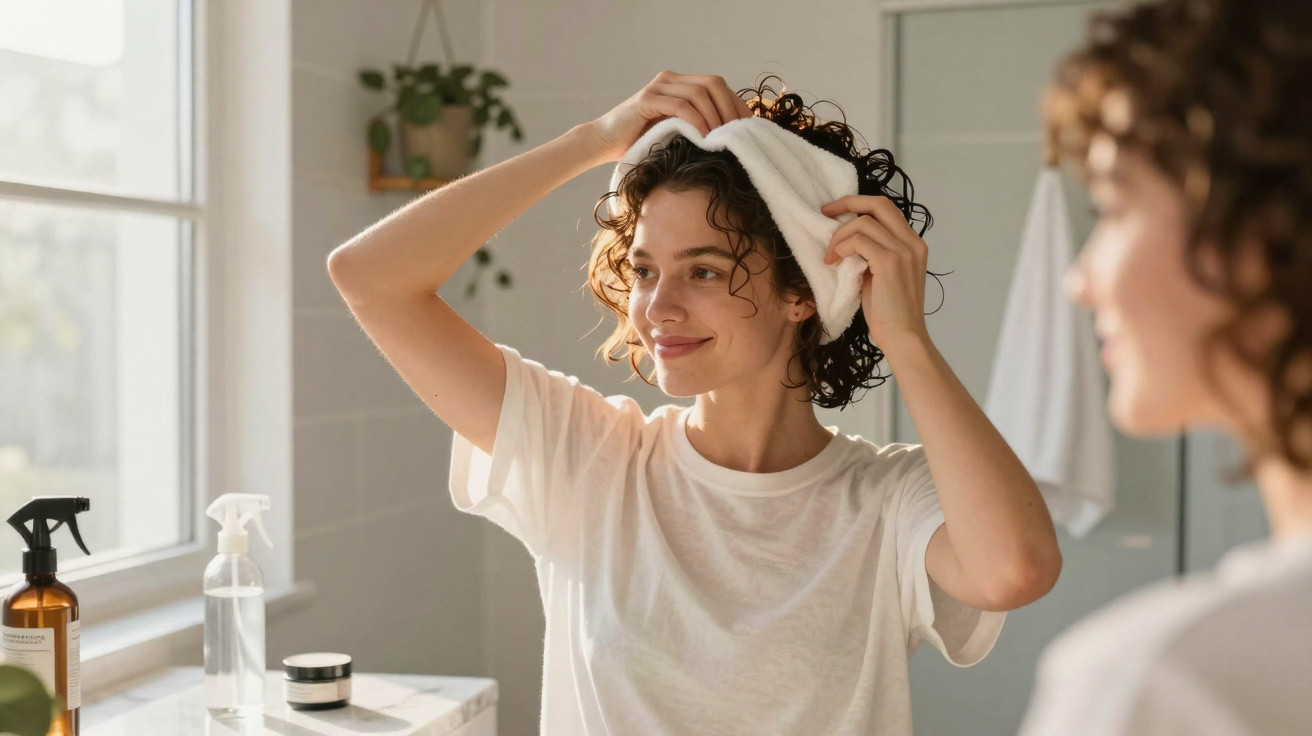 Mulher a secar o cabelo com uma toalha branca numa casa de banho iluminada por luz natural.