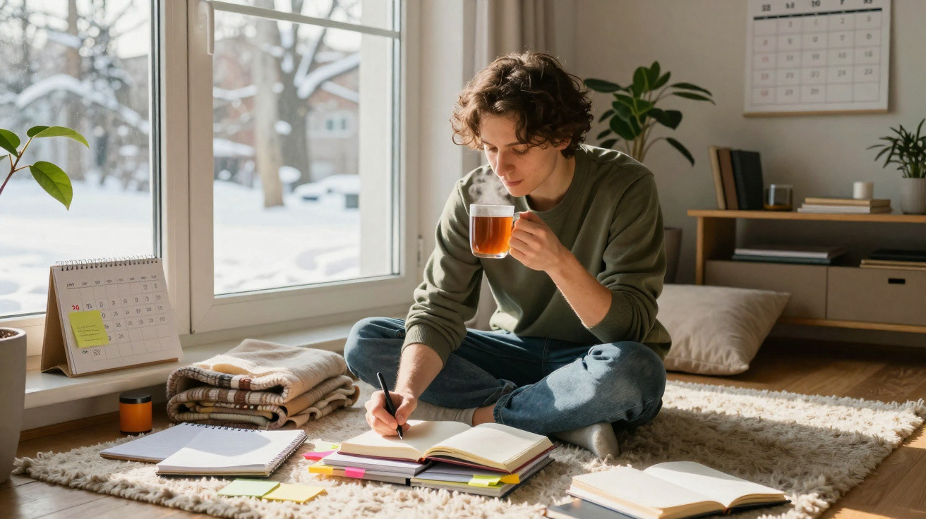 Pessoa jovem sentada no chão junto a uma janela grande, a escrever num caderno e a beber chá.