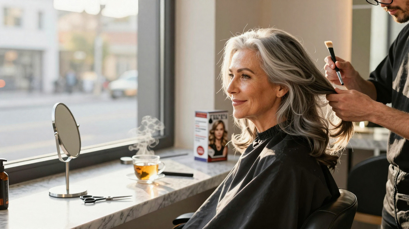 Mulher sénior sentada no salão de cabeleireiro enquanto profissional cuida do seu cabelo cinza.