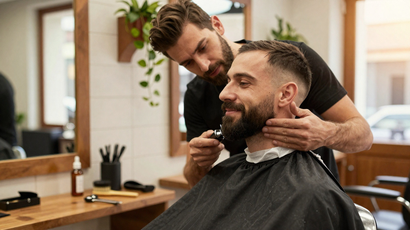 Barbeiro aparando a barba de um cliente sorridente numa barbearia moderna.
