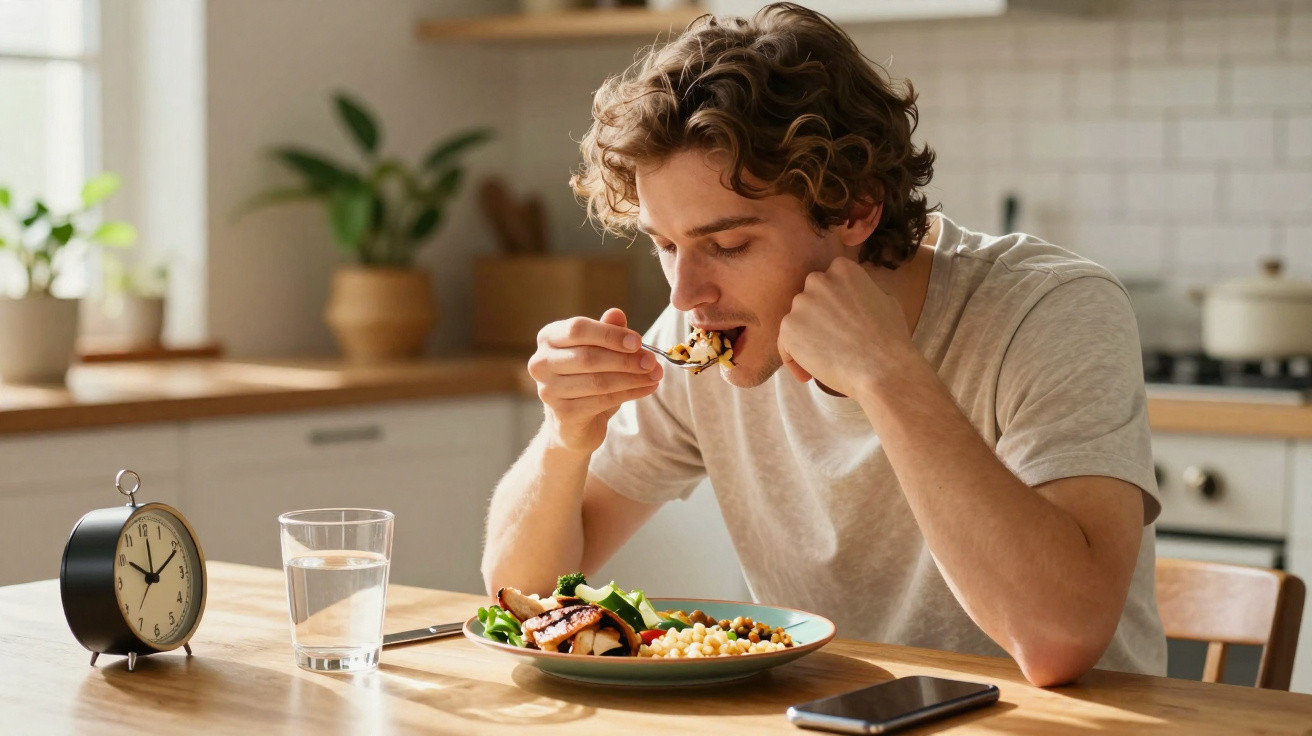 Homem a comer uma refeição saudável ao almoço numa cozinha luminosa com relógio e copo de água na mesa.