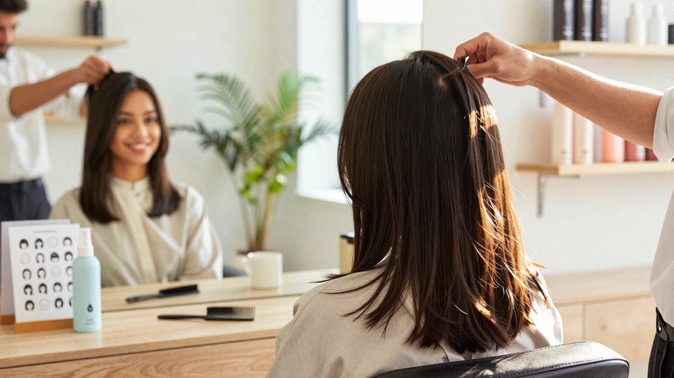 Mulher sorridente sentada no cabeleireiro, com cabeleireiro a prender o cabelo junto ao espelho.