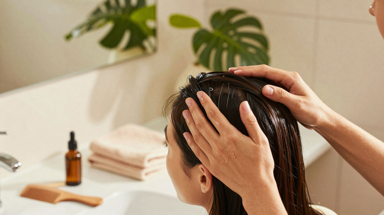 Pessoa a aplicar óleo capilar com as mãos num cabelo molhado numa casa de banho moderna.