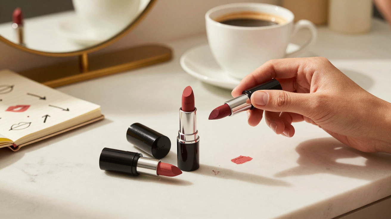 Mão a segurar baton vermelho junto a outros dois batons e uma chávena de café sobre uma superfície branca.