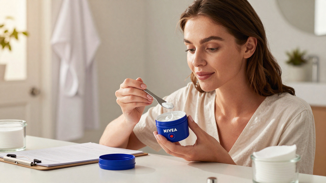 Mulher a aplicar creme Nivea com uma colher para cuidados da pele, numa mesa com documentos.