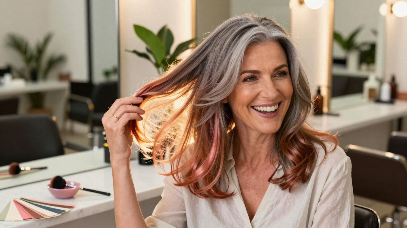 Mulher sorridente com cabelo cinza e mechas cor de rosa num salão de cabeleireiro moderno.