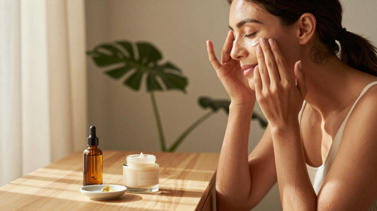 Mulher a aplicar creme hidratante no rosto sentada à mesa com frascos de produtos de beleza.