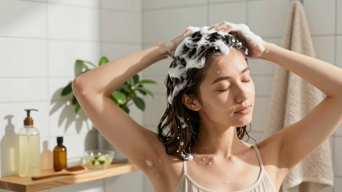 Mulher a lavar o cabelo com champô, com espuma na cabeça e olhos fechados, numa casa de banho.