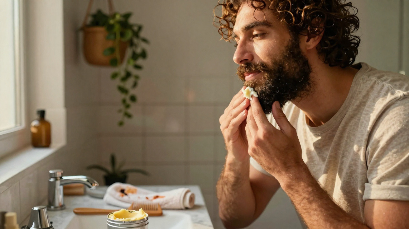 Homem com barba a aplicar creme no rosto numa casa de banho iluminada pela luz natural.