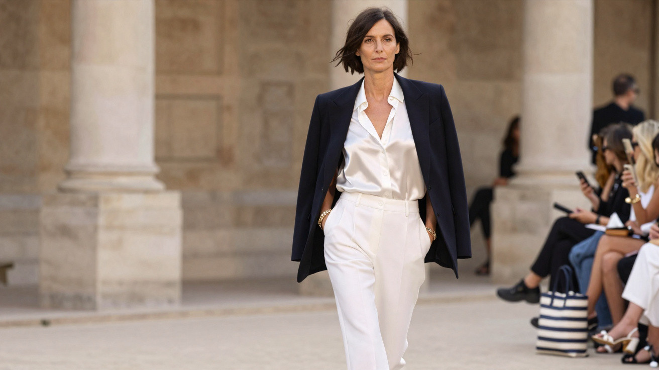 Mulher a desfilar com camisa branca, calças brancas e blazer azul escuro num cenário com colunas de pedra.