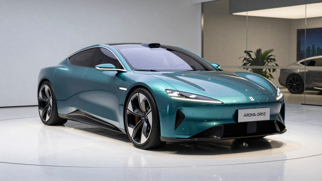 Carro desportivo eléctrico azul metalizado exibido em showroom com design moderno e linhas aerodinâmicas.