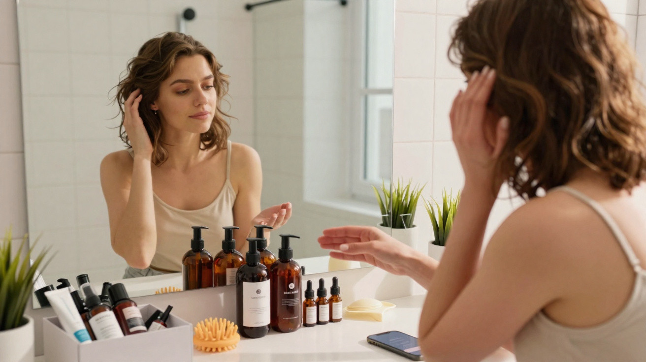 Mulher a cuidar da pele no wc, sentada à frente do espelho com vários frascos de cosméticos no balcão.