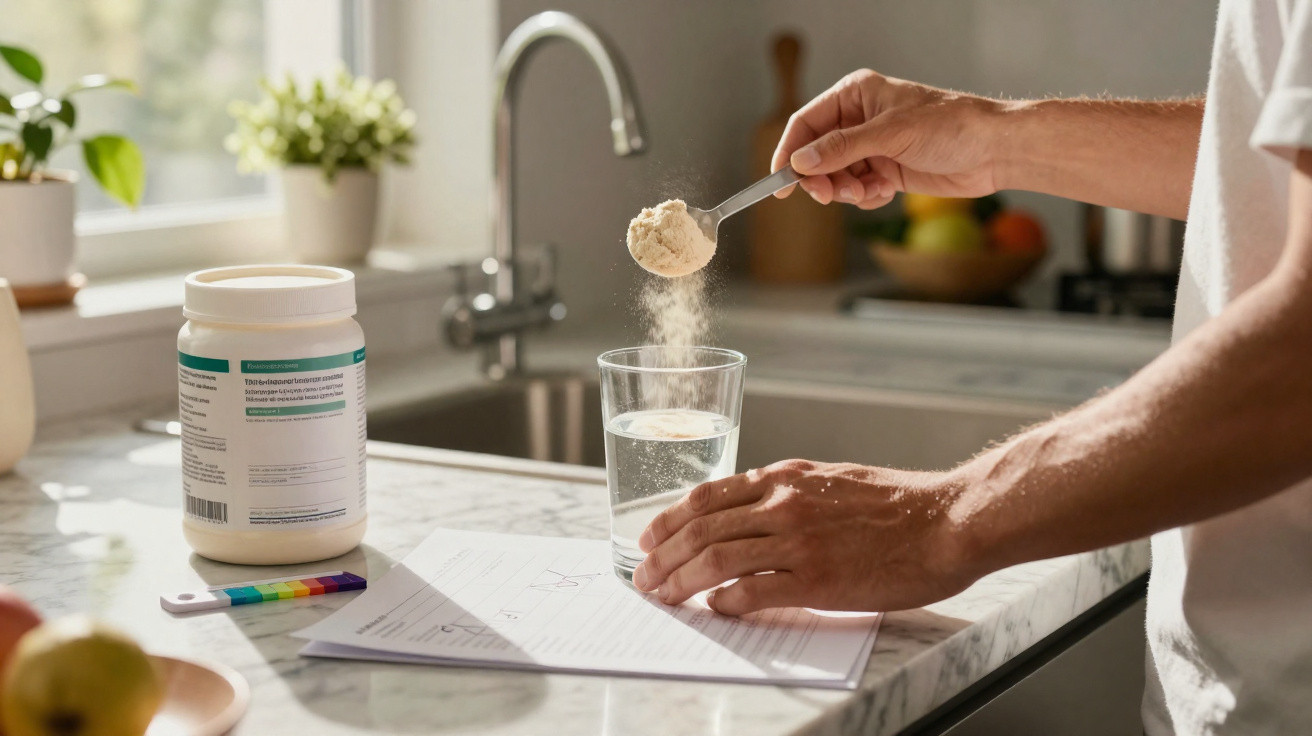Pessoa a adicionar suplemento em pó numa medida num copo de água numa cozinha com luz natural.