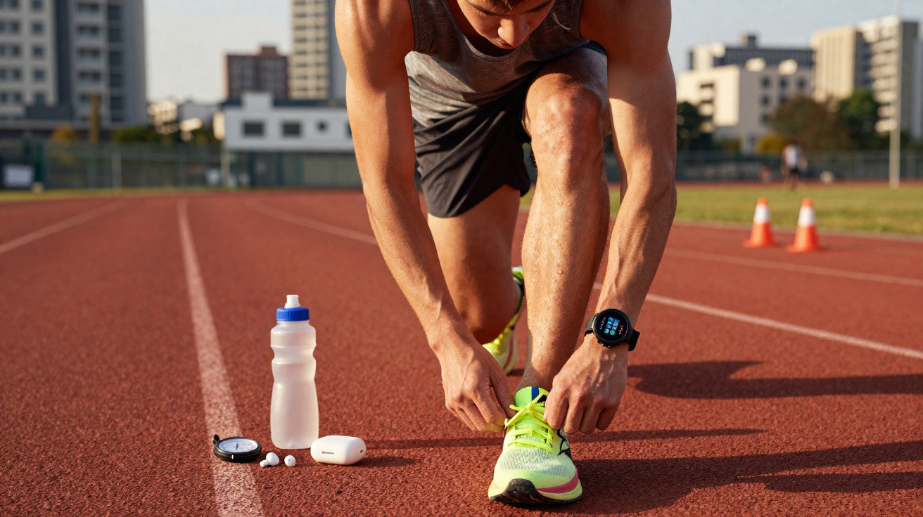 Homem amarrando ténis num campo de atletismo com garrafa de água, relógio e auscultadores ao lado.
