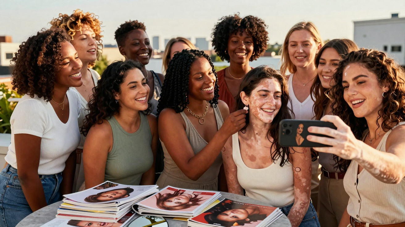Grupo diversificado de mulheres sorridentes a tirar uma selfie num terraço com revistas sobre a mesa.