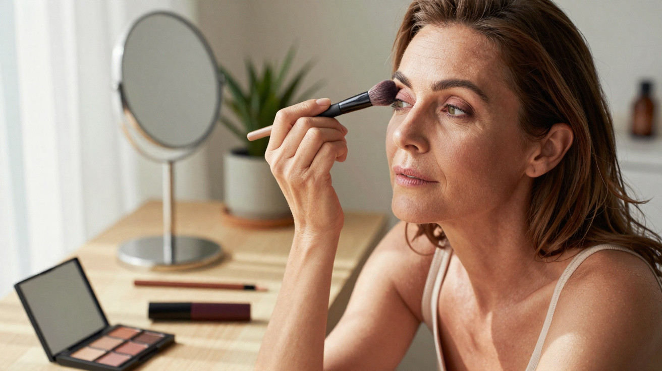 Mulher de meia-idade a aplicar maquilhagem nos olhos com pincel junto a espelho e produtos.