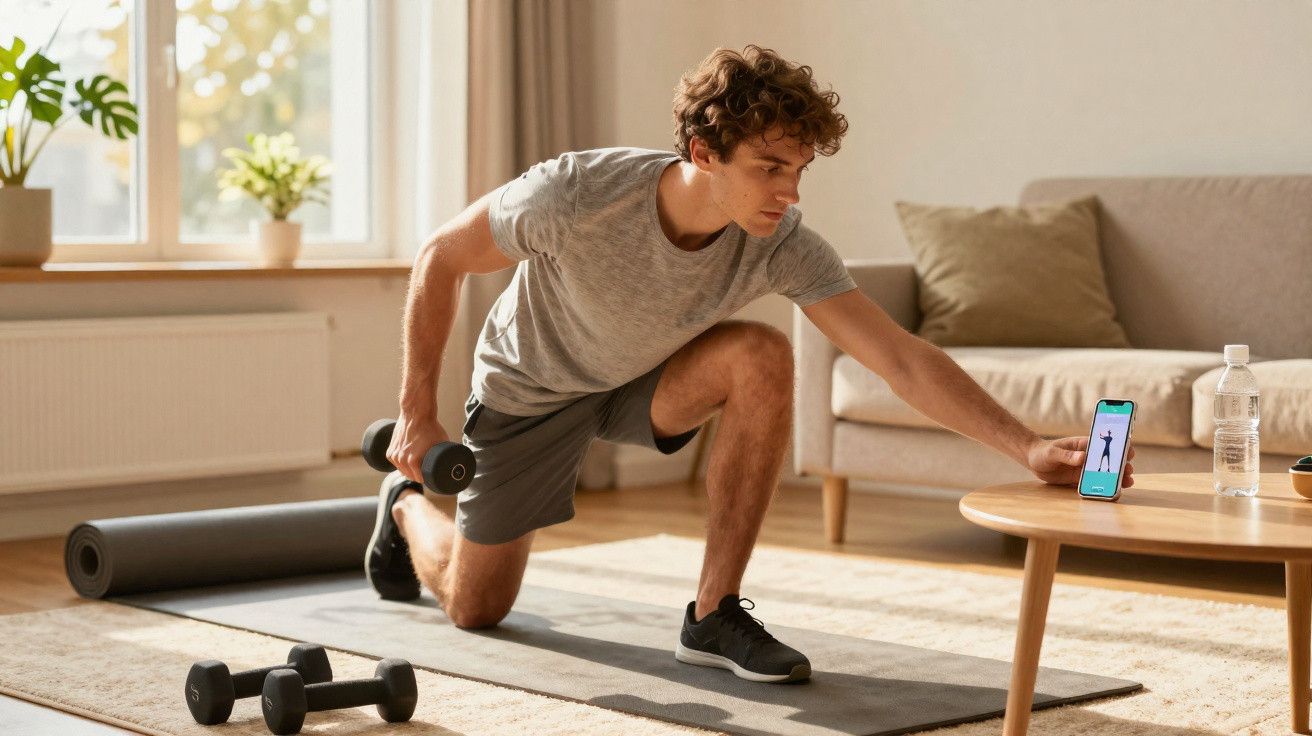 Homem jovem a fazer exercício com halteres em casa, seguindo treino no telemóvel sobre tapete de yoga.